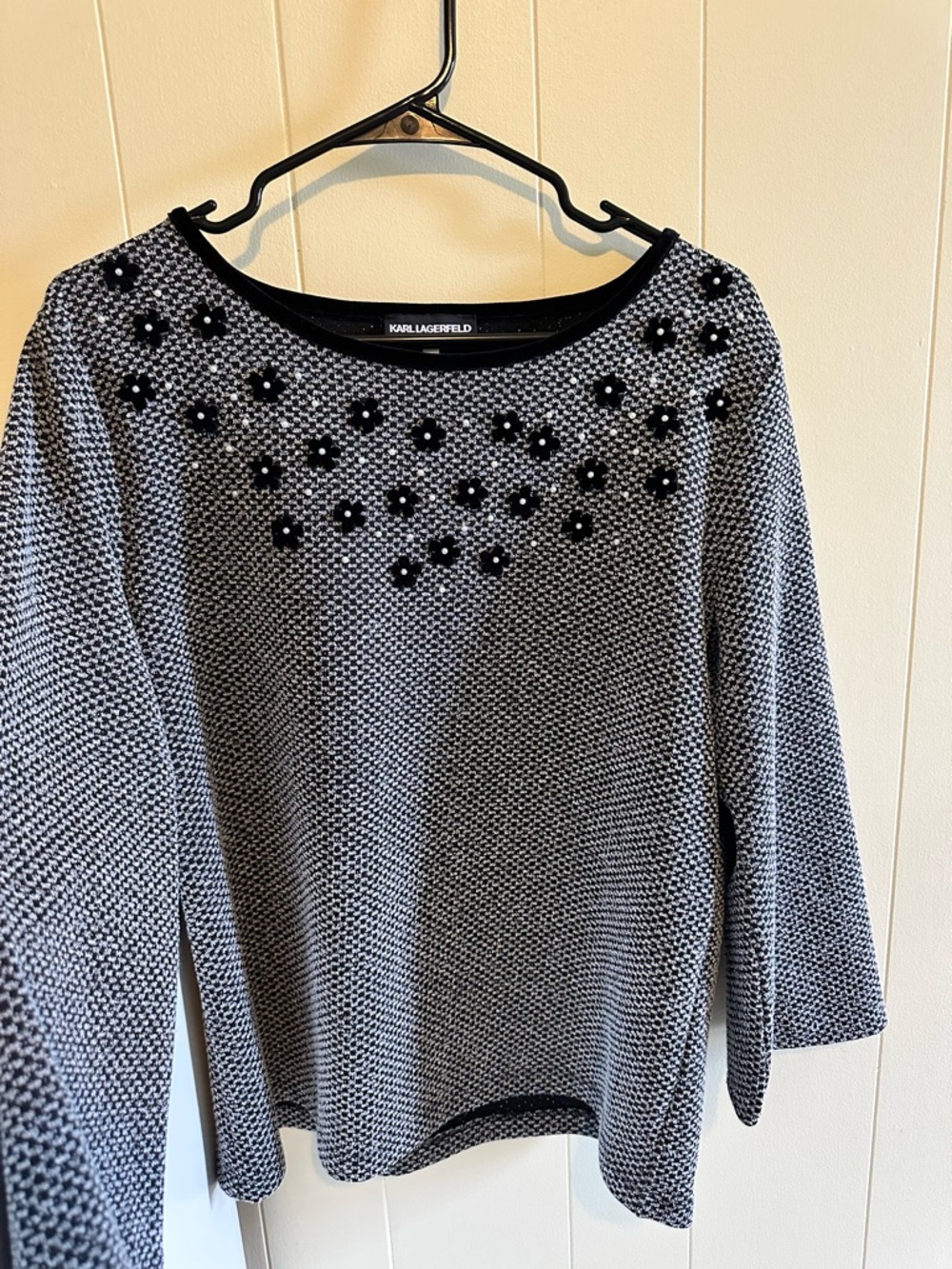 Karl Lagerfeld Black & White Beaded Scoop Neck Sweater